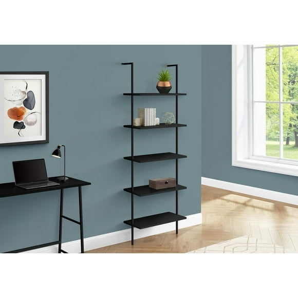 Monarch Specialties Bookshelf, Bookcase, Etagere, Ladder, 5 Tier, 72"h, Office, Bedroom, Metal, Laminate, Black, Contemporary, Modern