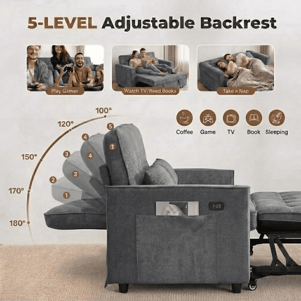 Howcool 55" Sleeper Sofa Bed, 3-in-1 Pull Out Convertible Loveseat Couch with 5-Level Adjustable Backrest, USB Port & Side Pocket, Terry Fabric Sofa for Living Room, Bedroom & Small Spaces,Dark Grey