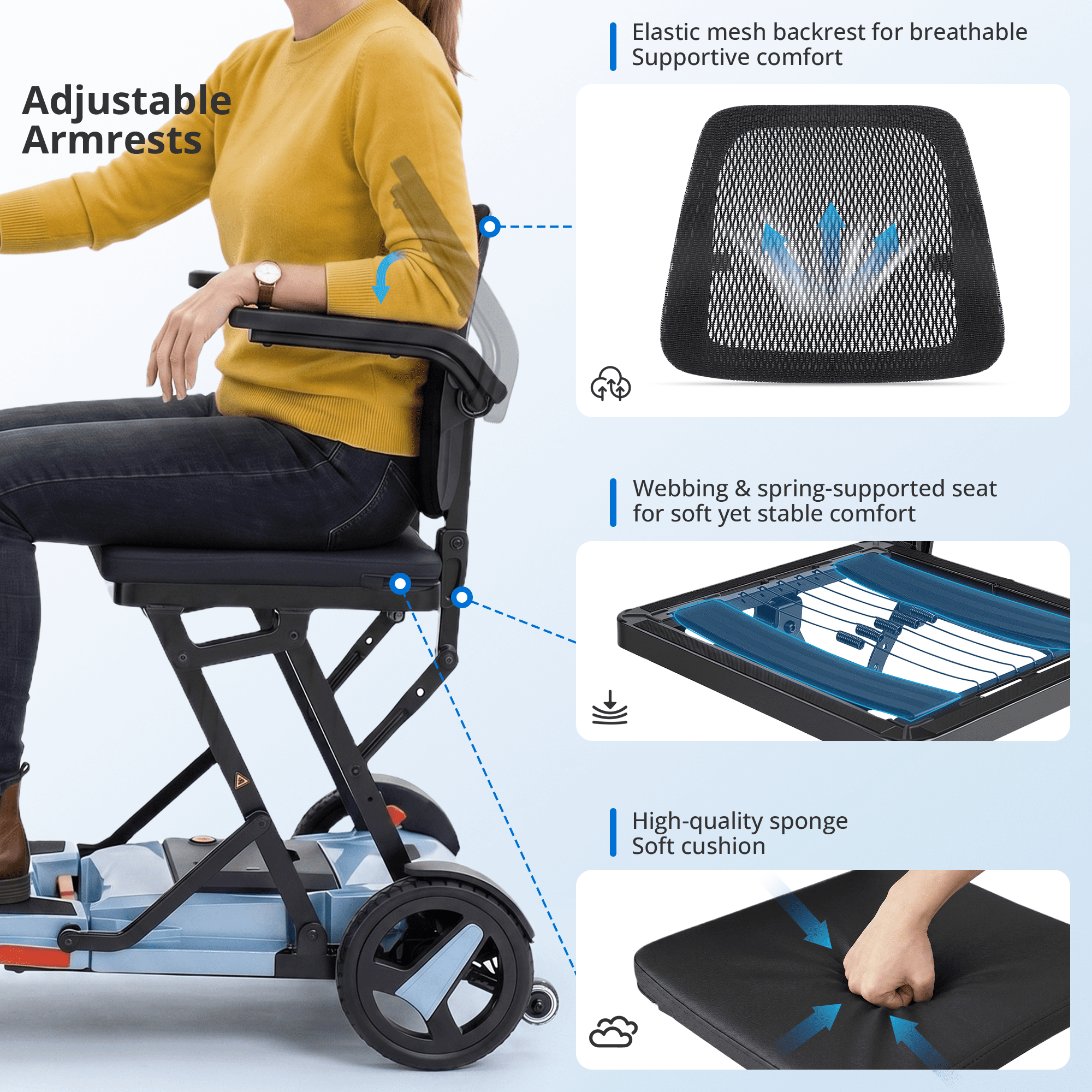 ScootNGo Voyager 33 lbs Lightweight Foldable Mobility Scooter for Seniors & Adult, Airline Approved 4-Wheel Electric Scooter, NFC Unlock, Light Blue