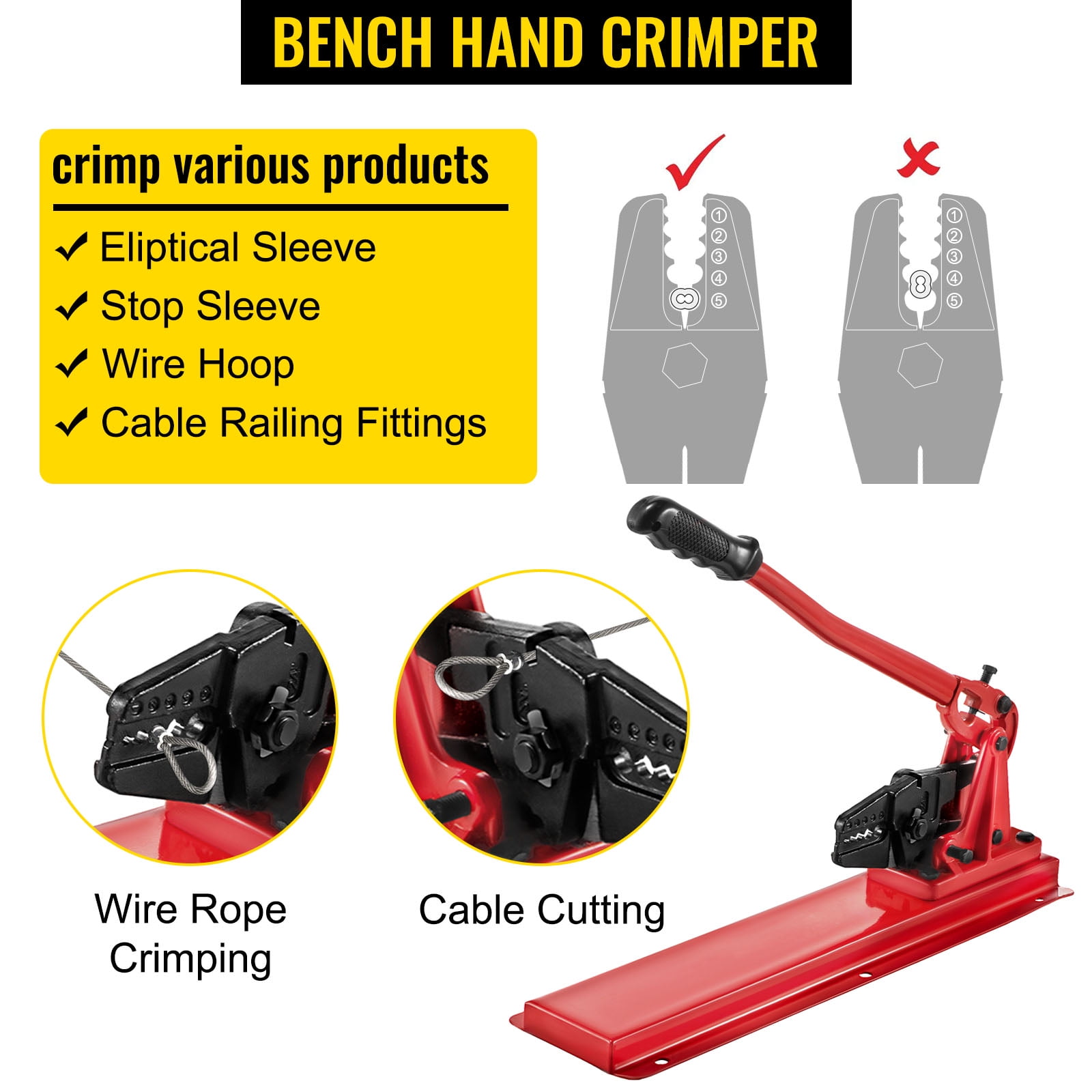 SKYSHALO Bench Swager Tool 24" Wire Rope Swaging Tool w/Crimper Cable Bolt Cutter Head Bench Crimper 1/16"-3/16" Aluminum/Copper Sleeves Bench Cable Alloy Steel Crimper Swager for1/2" Wire Rope