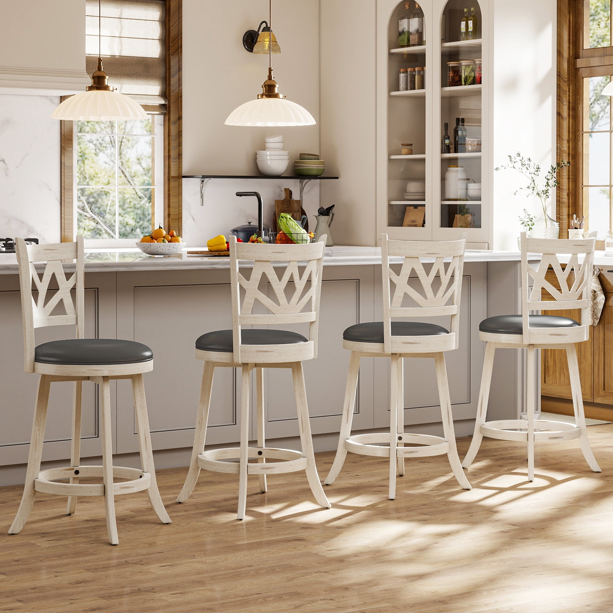 Joywind Farmhouse Swivel Bar Stools Set of 2, 24" Carved Lotus Barstools, Faux Leather Upholstered Counter Chairs with Solid Footrest & Wood Legs, Antique White