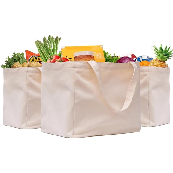 3 Pack Heavy Duty Reusable Canvas Grocery Bags, Holds 60 lbs, 8.3 gal Multi-Purpose Washable Grocery Bags with 5 Pockets, Off White