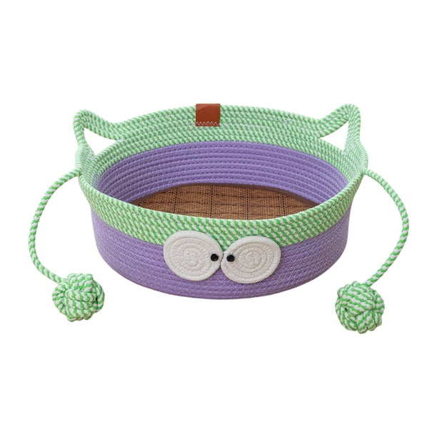 Cama de gato de algodón tejido a mano, almohadilla de gato de lino de algodón con diseño de oreja de gato, cama de gato redonda para gatos interiores con estera fría