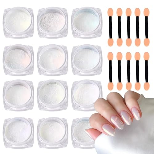 12 Jars of White Pearl Chrome Nail Powder with 12 Sponge Sticks Holographic Mirror Gradient Effect Powder Aurora Nail Powder Iridescent Pearlescent Powder Glitter Nail Pigment Powder