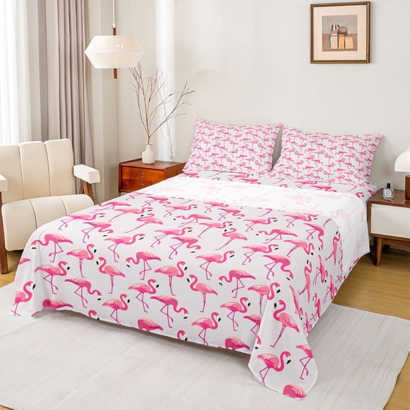 jejeloiu Pink Kawaii Flamingo Twin Sheet Sets,Tropical Wild Animal Bedding For Girls Kids 3pcs