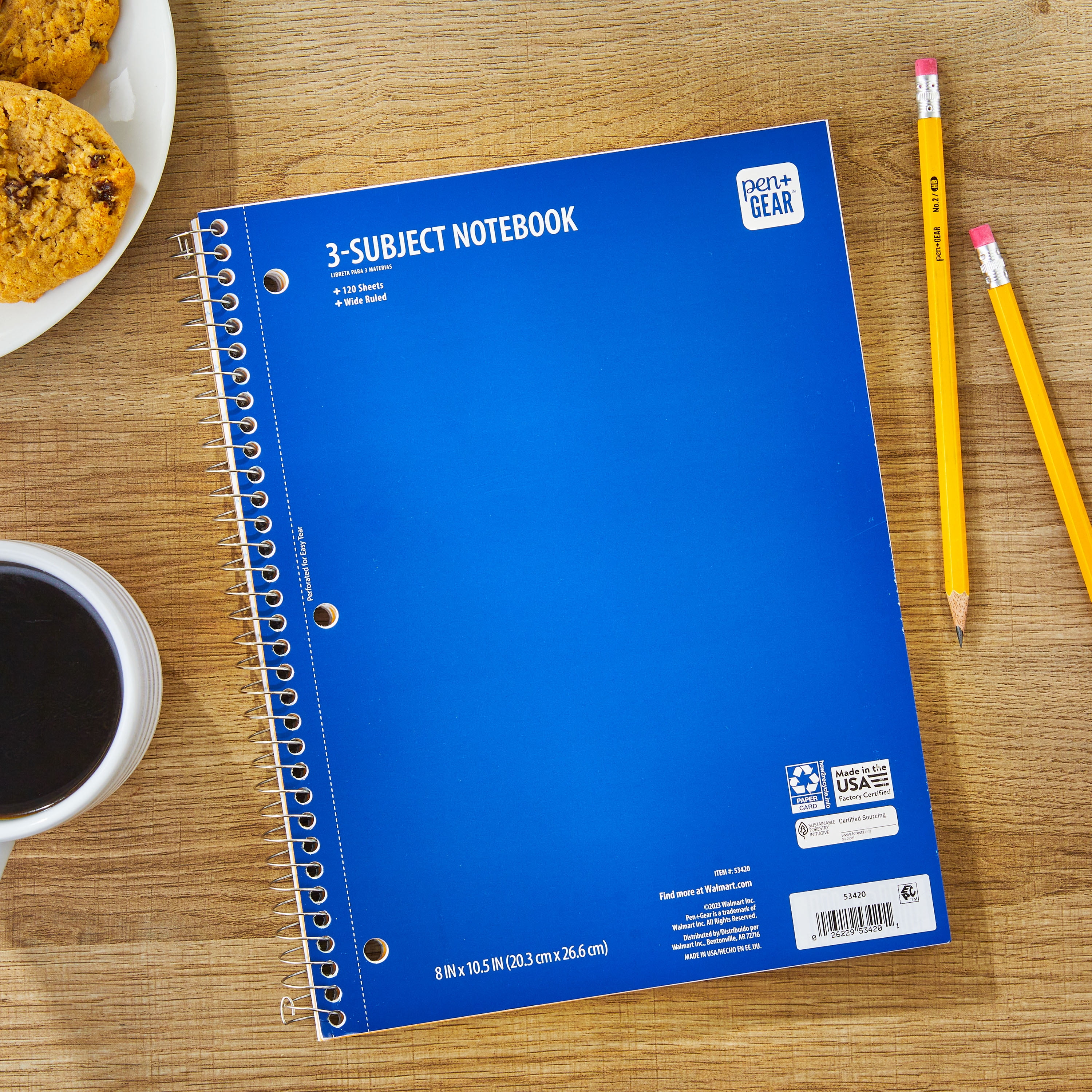 Pen + Gear Wide Ruled 3-Subject Spiral Notebook, Blue, 10.5" x 8", 120 Pages