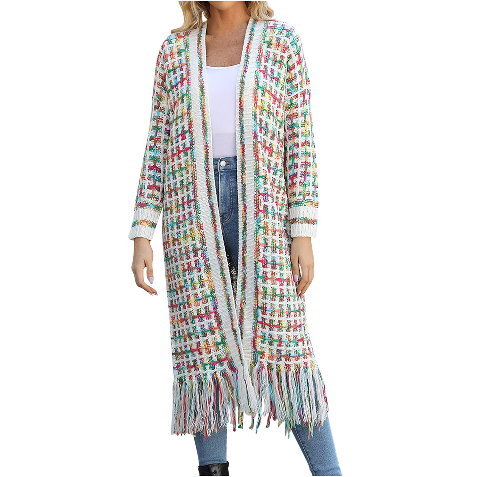 Cardigans Sweaters for Women Long Sleeve Open Front Tassels Oversized Knitted Coats Knee Length Checkered Color Block Soft Outerwear Sweater