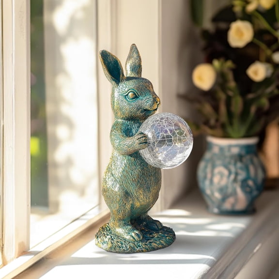 Garden Outdoor Statues Rabbit with Solar Light Bunny Figurines Decorations with Wider Base & Reinforced Weight for Patio Yard Lawn Ornaments Gifts for Birthday Christmas Housewarming
