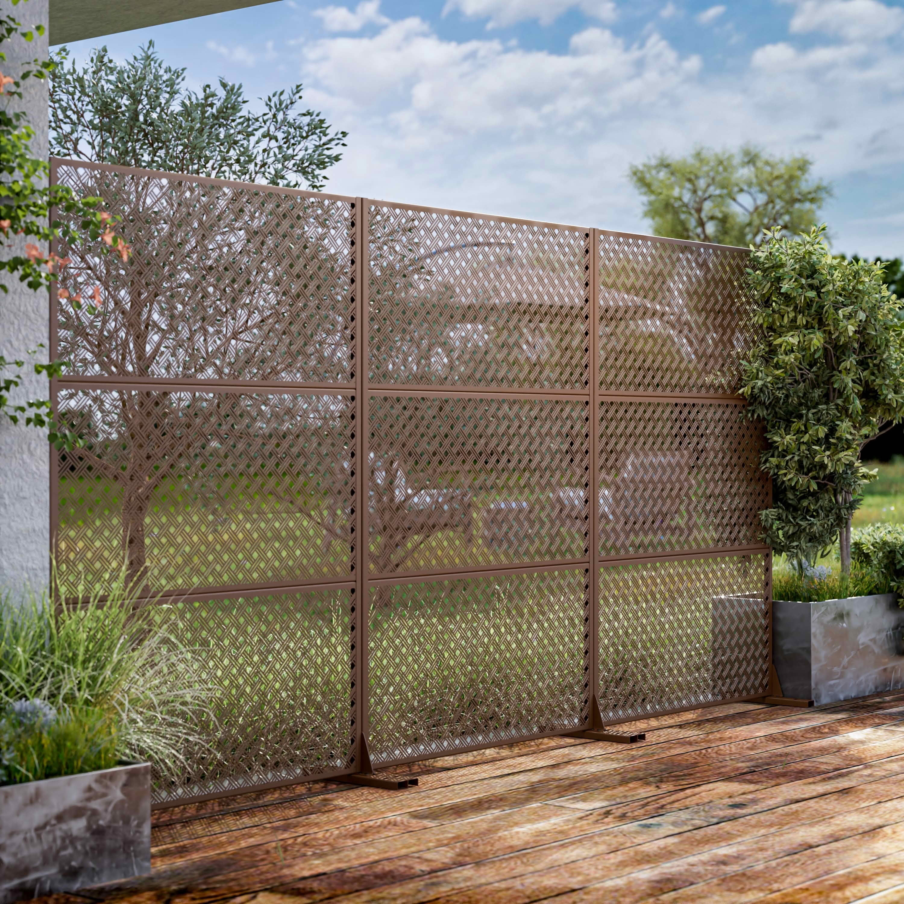 MAYEERTY 72x47x16 Inch Brown 2-Grid Woven Rectangular Galvanized Steel Privacy Screen, 3 Piece Set for Outdoor Garden