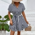 thumbnail image 5 of Sundresses for Women 2025 Summer V Neck Short Sleeve Dresses Front Pleated Sundress Elastic High Waist Sun-Dress Dressy Causal A-Line Dresses Going Out Beach Vacation Dress, 5 of 7