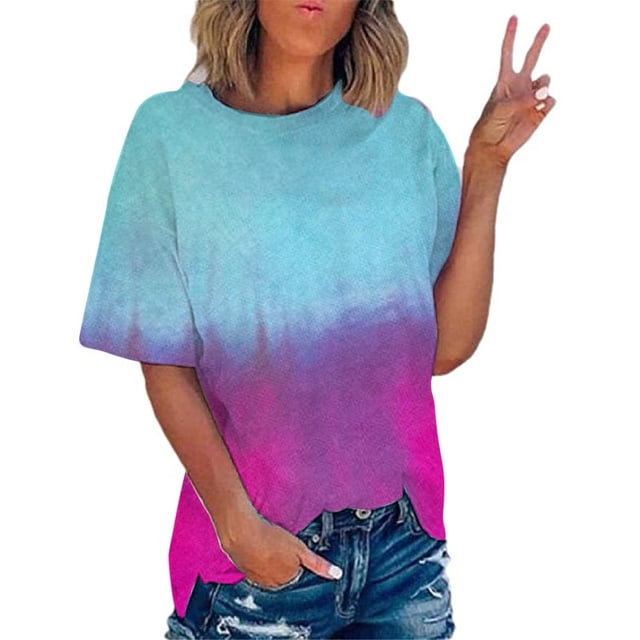 AherBiu T-Shirts Grande Taille pour Femmes Tendance Col Rond T-Shirts Dégradés Été Manches Courtes Hauts de Sortie