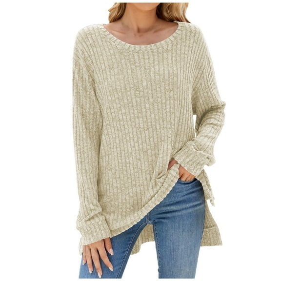 ZyeKqe Plus Size Sweaters for Women Long Sleeve Knit Top Crewneck Pullover Tops Side Split Ribbed Knit Tunic Tops Blouses