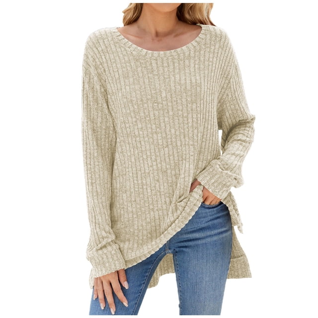 Swstbby Liquidation d'Économies d'Automne! Hauts d'Automne pour Femmes Grande Taille, Chandail à Manches Longues Confortable à Col Rond Uni Décontracté pour Femmes Beige m