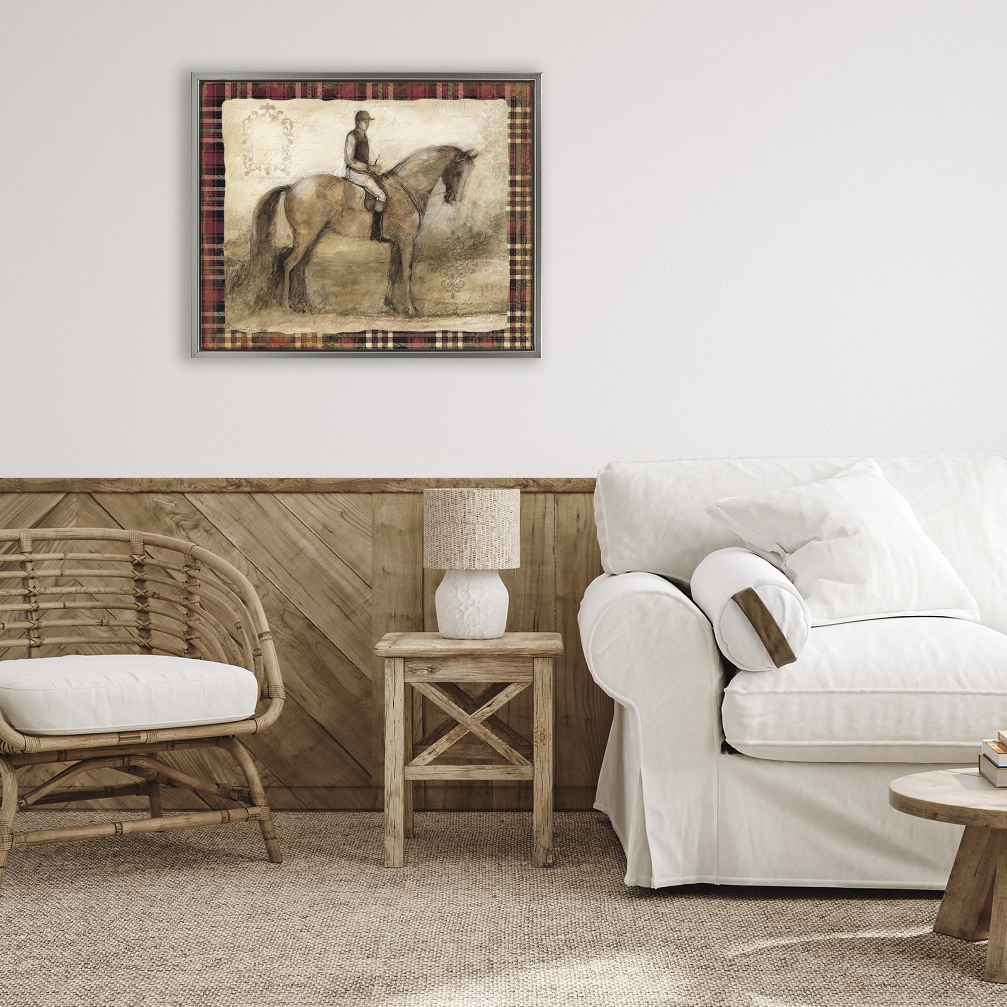 Stupell Industries Horse With Jockey & Plaid Gray Framed Floater Canvas Wall Art, design by Susan Winget