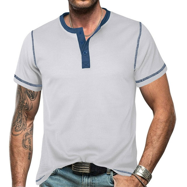 AherBiu T-Shirts Décontractés à Col Rond pour Hommes Henley T-Shirts pour Hommes Été T-Shirt à Blocs de Couleur à Boutons