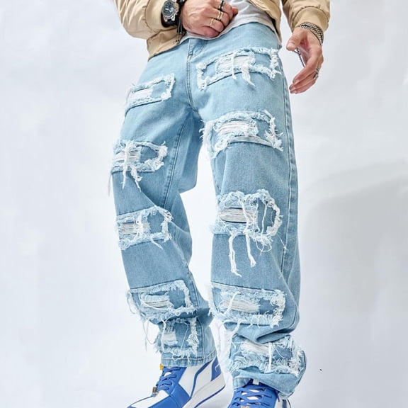 Reppunk Wide-leg Men's Jeans Men Stylish Hip Hop Ripped Patch Loose Fit Jeans Pants Streetwear Male Casual Straight Denim Trousers Menswear Underwear Human Pocket solid Beige Plain Fathersdaygift