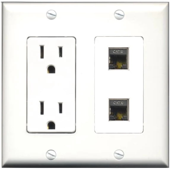 RiteAV - 15 Amp Power Outlet 2 Port Shielded Cat6 Ethernet Decorative Type Wall Plate White