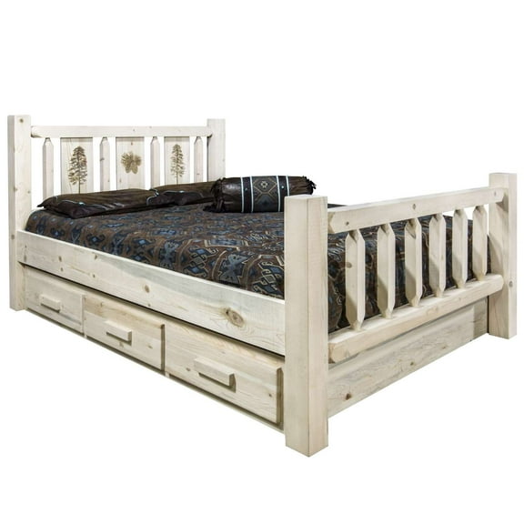 Homestead Collection Twin Storage Bed w/ Laser Engraved Pine Design, Ready to Finish