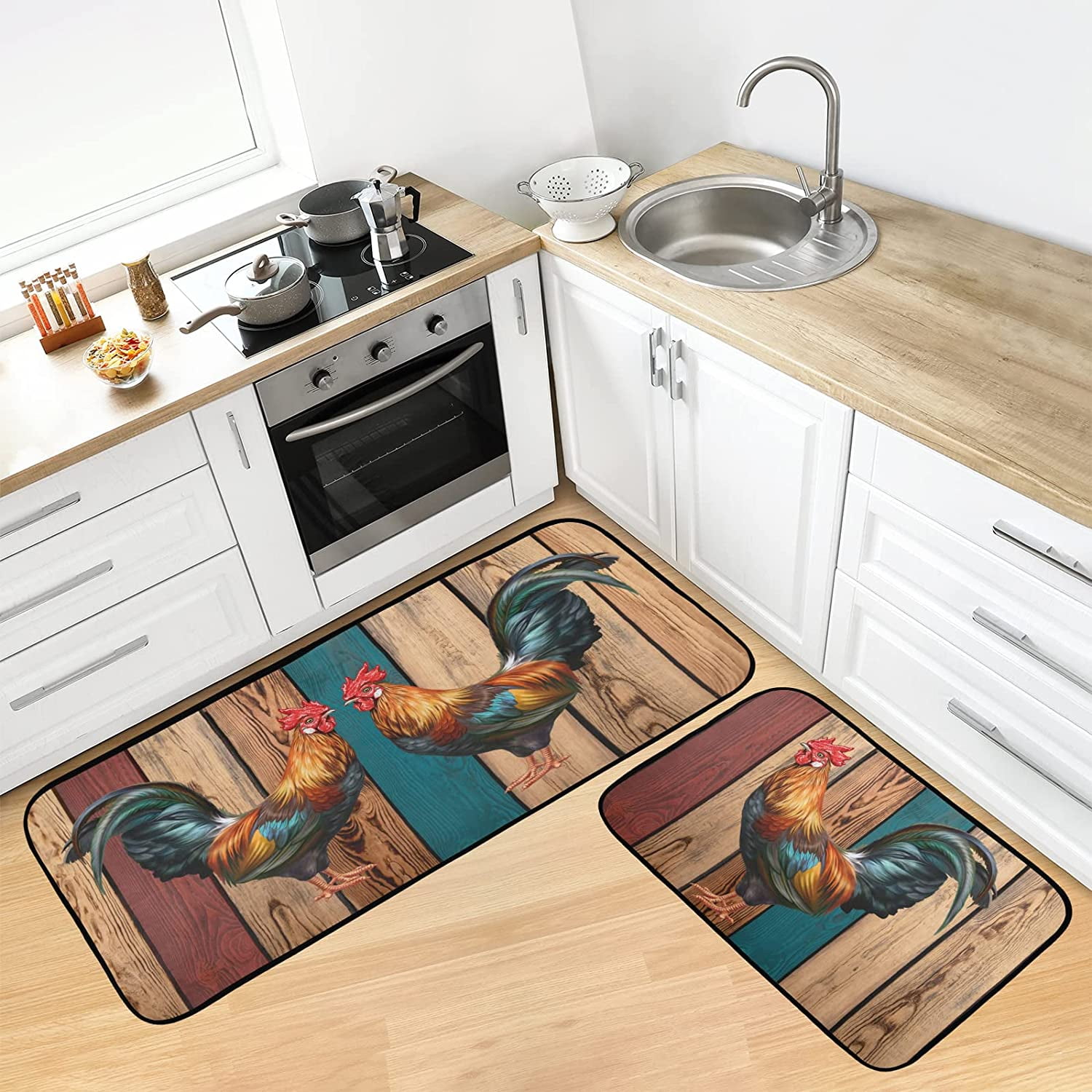 Kitchen Rugs Set 2 Piece Roosters Farmhouse Non Slip Bathroom Floor