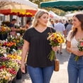 thumbnail image 3 of Agnes Orinda Women's Plus Size Floral Tops Ruffle Pleated V Neck Short Sleeve Summer Casual Blouse 2X Black, 3 of 8