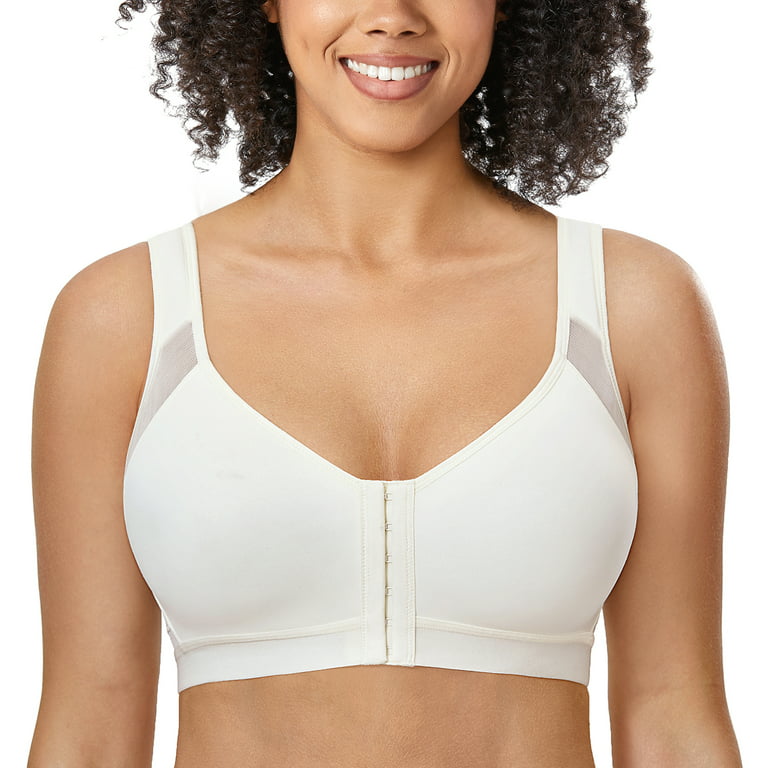 Exclare Women's Front Closure Full Coverage Wirefree Posture Back Everyday  Bra(42B, Beige) 