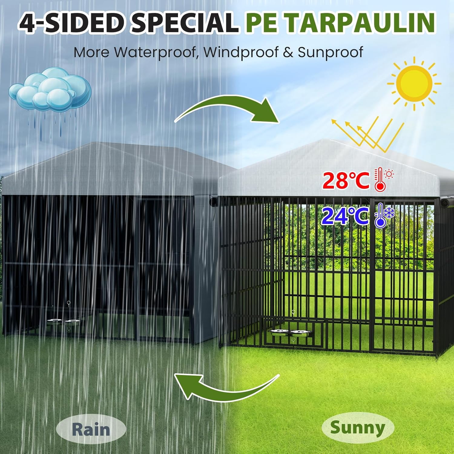 QuzyAor 6.6‘x6.6’x6.4‘ Galvanized Steel Outdoor Dog Kennel, Heavy Duty Metal Dog Run with Waterproof UV-Proof Roof & Rotating Bowls, Black