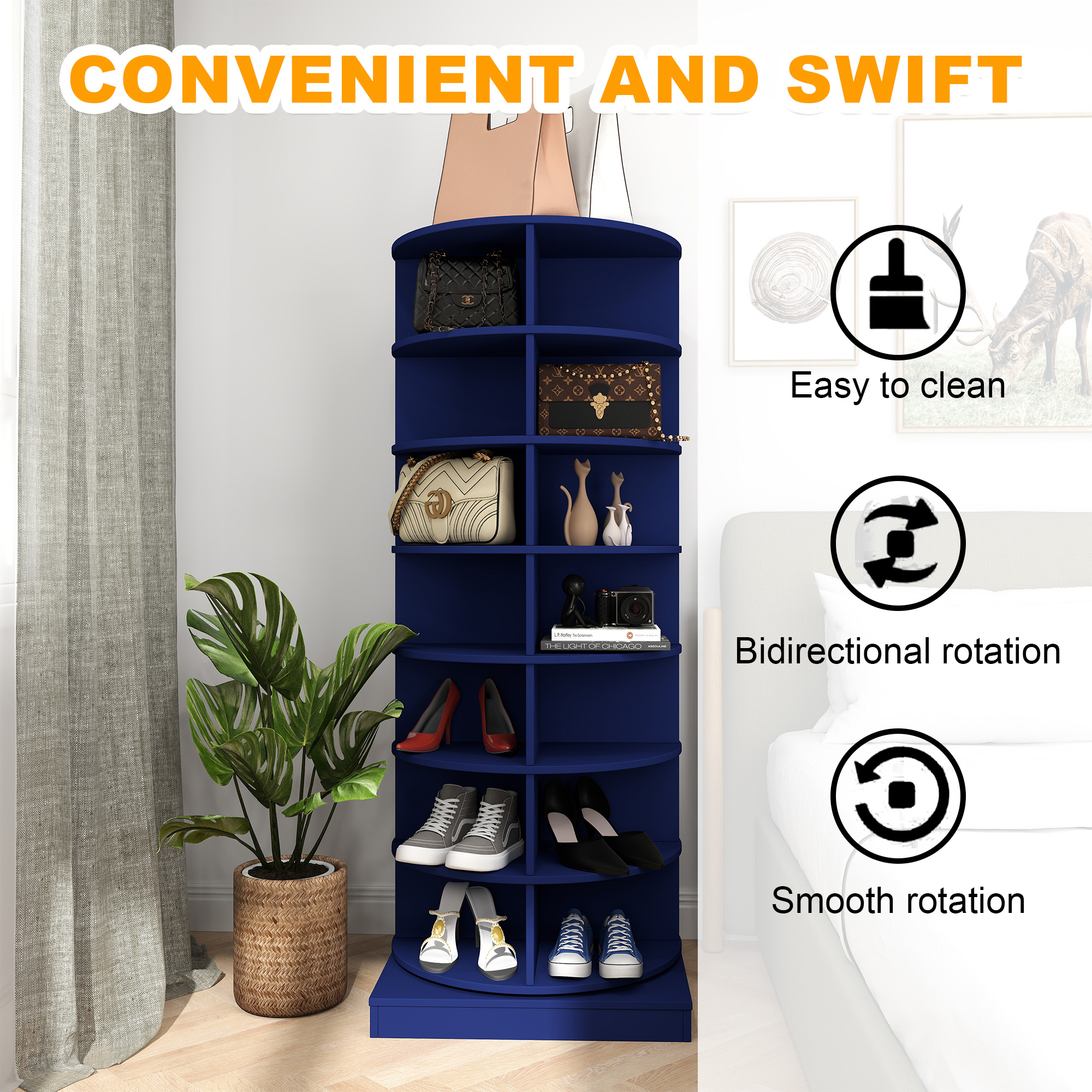 Aukfa 7-Tier Rotating Shoe Rack Tower, 360° Spinning Shoe Display Closet Organizer, Blue