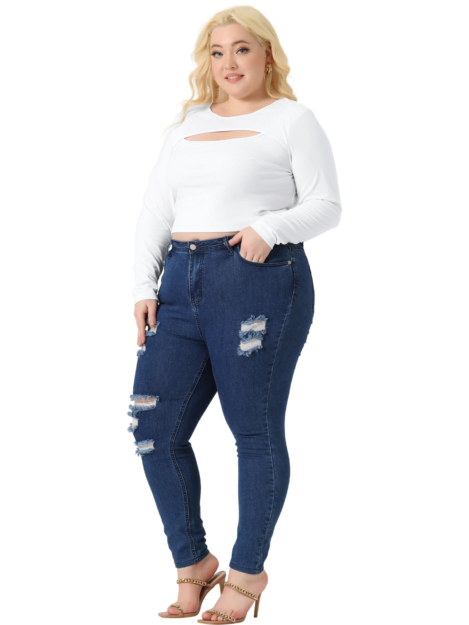 Unique Bargains Women Plus?Size Long Sleeve Round Neck Cut Out Front Fitted T-Shirts 4X White
