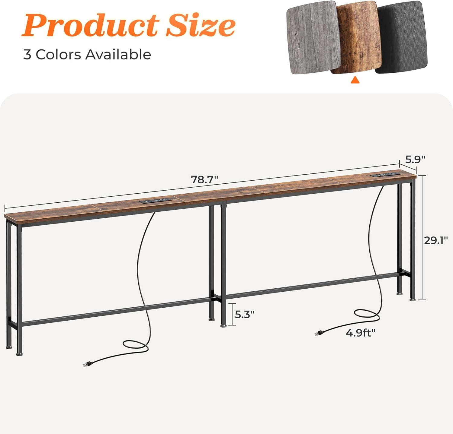 79 Inch Sofa Table with 2 Power Outlets and USB-C Ports, 5.9 Inch Narrow Console Table with Storage, Long Entryway Hallway Couch Table Behind Sofa, Small Spaces, Living Room, Rusitc Brown
