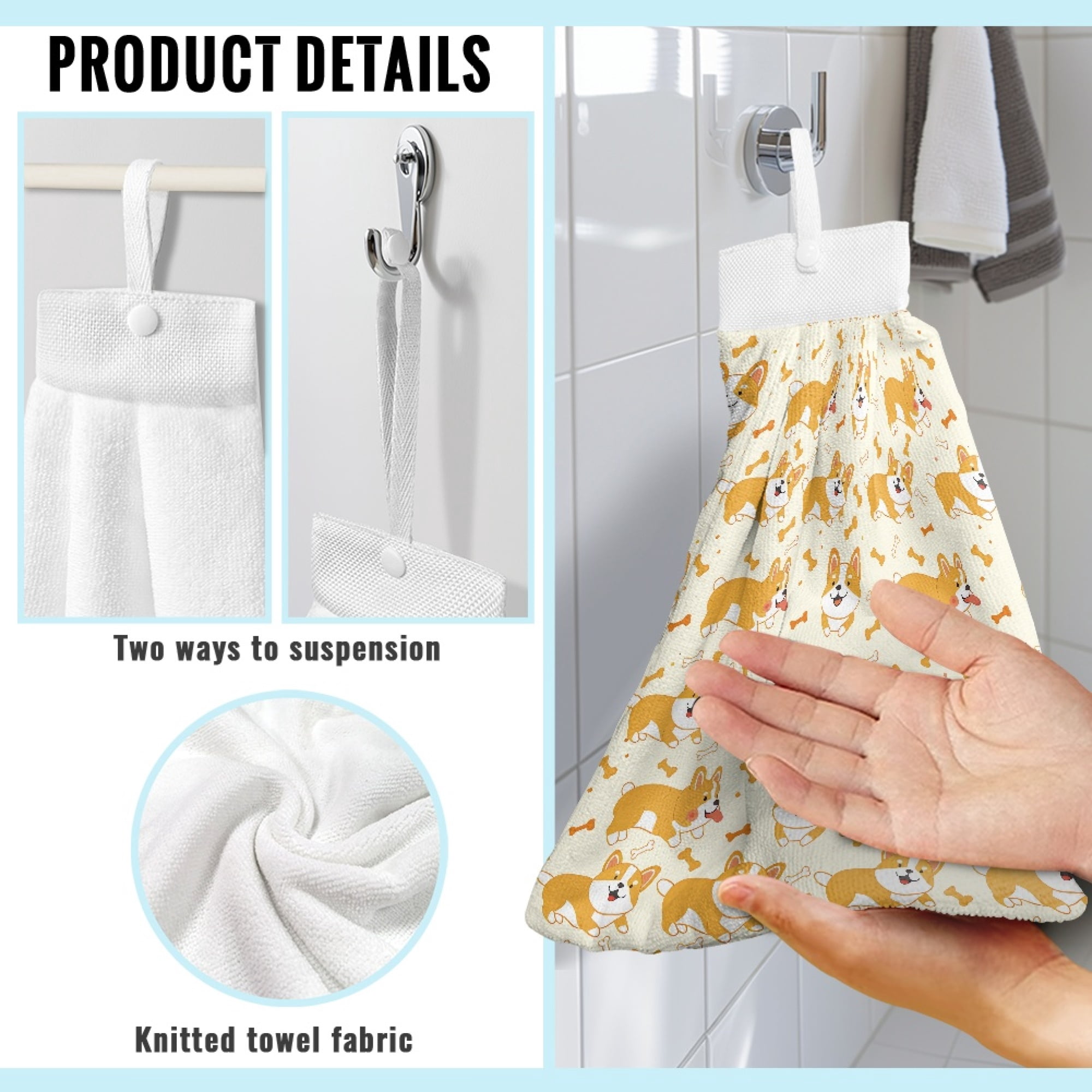 ZIATUBLE Corgi Kitchen Hanging Towels Absorbent Dish Towel Hand Towels with Snap Button Kitchen Towels Hand Towels for Bathroom 3 Piece Washable Hanging Hand Dry Towels Dish Cloths