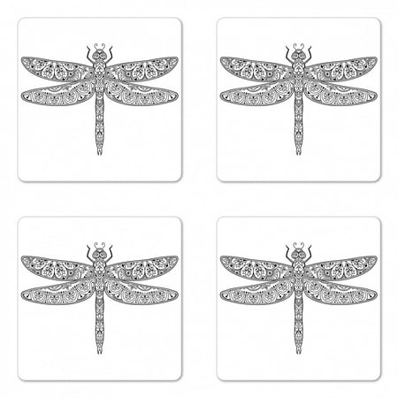 

Dragonfly Coaster Set of 4 Floral Ornamental Monochromatic Insect with Wings Illustration Print Square Hardboard Gloss Coasters Standard Size Black and White by Ambesonne