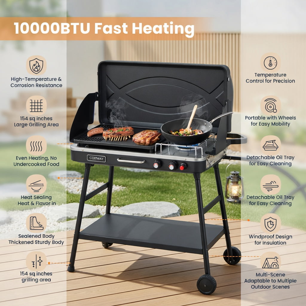 Resenkos Outdoor Patio Barbecue Cooker, Outdoor Grills,2-in-1 Gas Camping Grill and Stove with Detachable Legs-Black