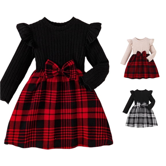 Vividxx Toddler Girl Dress Ruffle Long Sleeve Bow Plaid Fall Dresses A-Line Casual Crewneck Knitted Dresses for Holiday Party 2-3 Years