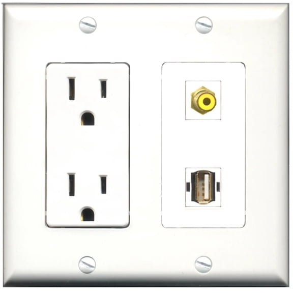 Ultra Spec Cables 15 Amp Power Outlet 1 Port RCA Yellow 1 Port USB A-A Wall Plate