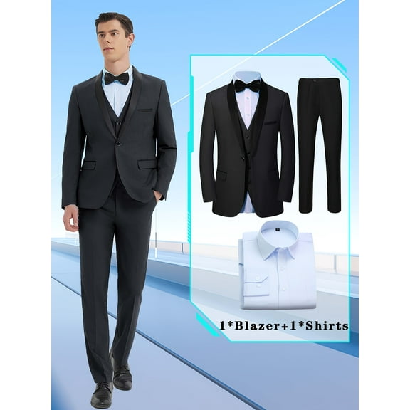 4pcs Men Suit Tuxedo Vest Pants Blue Shirt Shawl Collar Single Breasted One Button Flap Pockets for Wedding Party Groom Groomsmen Men Formal Attire