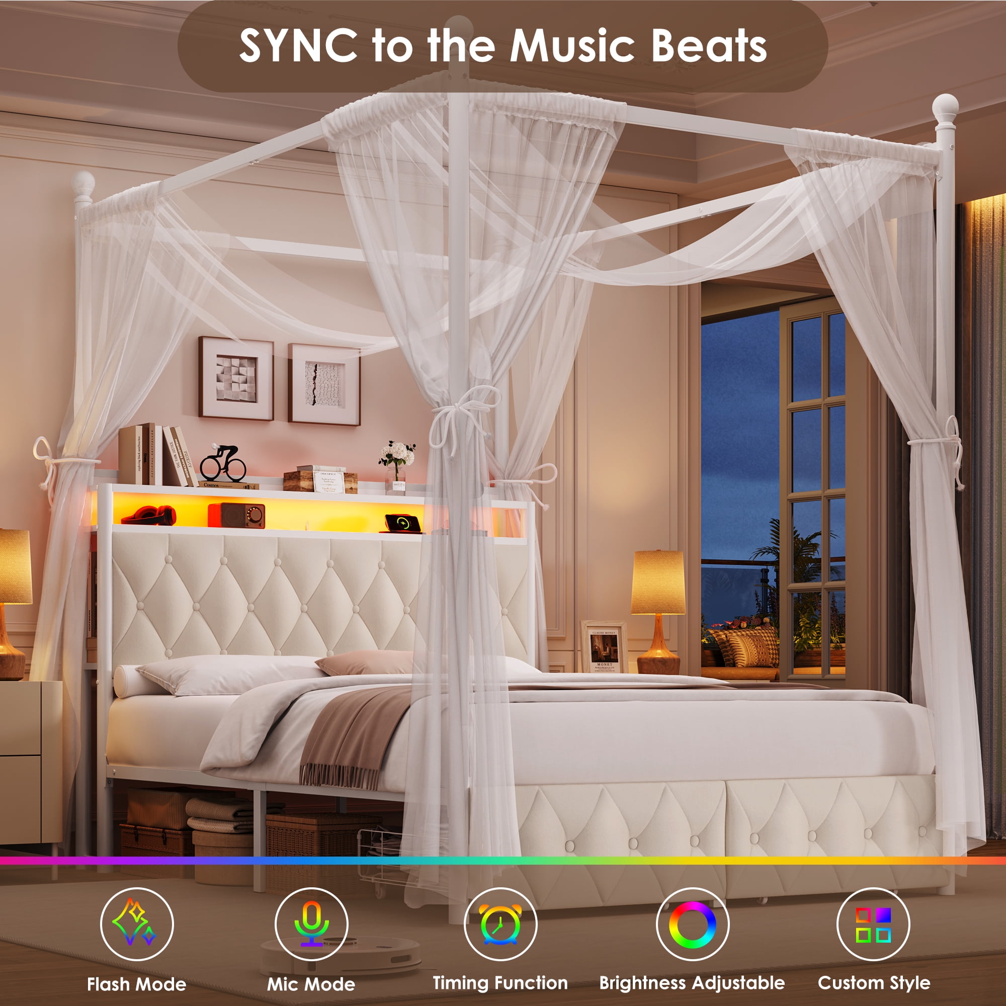 Hiphuta Full Size Upholstered Canopy Bed with Charging Station & Storage Drawer,Button Tufted Headboard with LED Light, Full Bed Frames, Beige