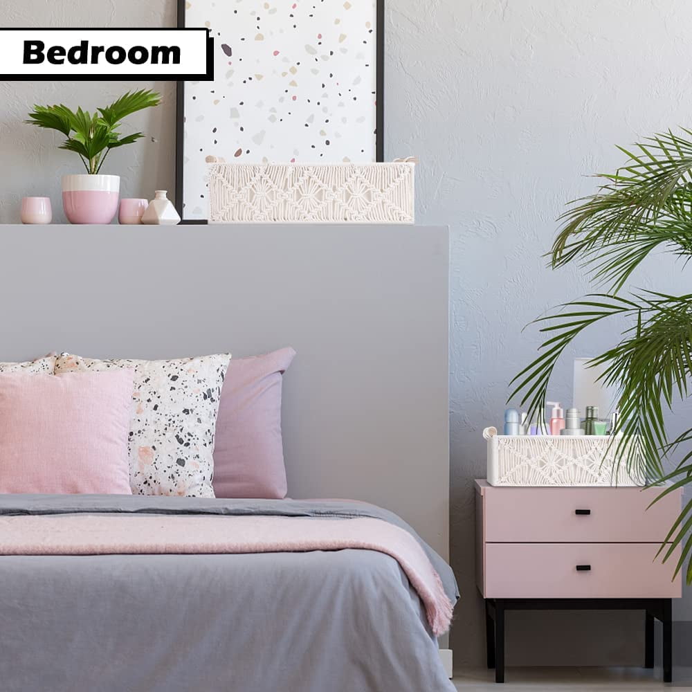 2Pcs Macrame Storage Baskets, White Boho Bathroom Decor Woven Baskets with Wooden Handles, Handmade Countertop Toilet Cabinet Organizer Boxes for Home, Shelves (Large+Small)