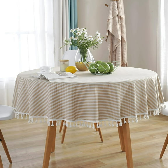 Stripe Tassel Tablecloth, Round Cotton Linen Table Cloth, Striped Stain Resistant Dust-Proof Table Cover for Kitchen Dinning Tabletop(Round 55 Inch, Beige)