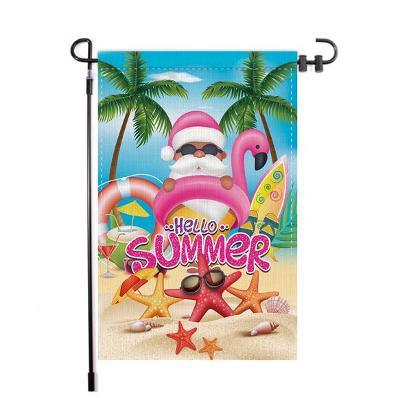 shiyou-Hello Summer Christmas Man Decorative Garden Flag, Pink Xmas Holiday Beach Coastal Yard Outside Home Decorations, Tropical Hawaii Winter Burlap Outdoor Small Decor Double Sided 12 x 18