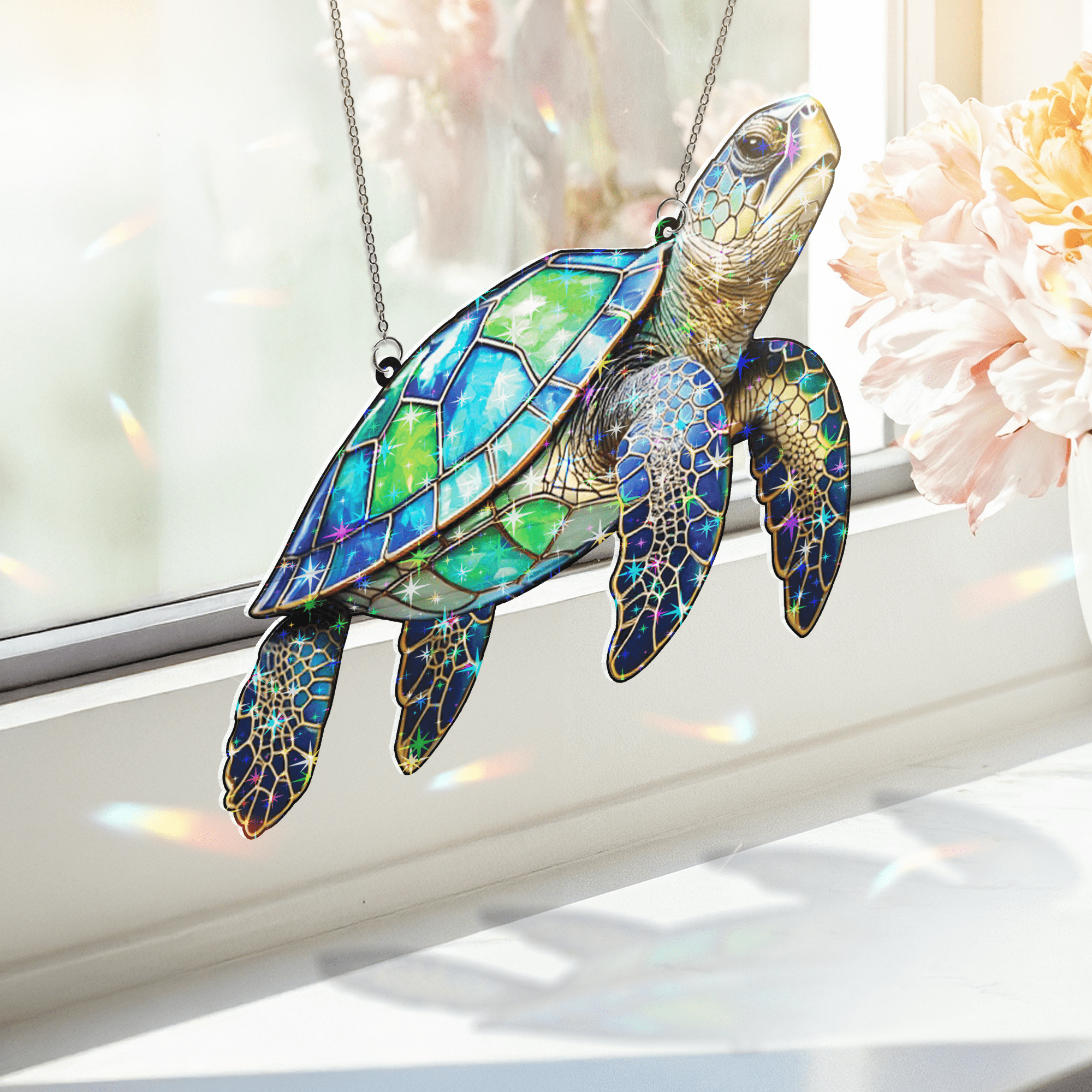 Lotusprinthandmade Sea Turtle Custom Shape Star Hologram Ornament 6in, 3d sea turtle holographic decoration, sea turtle charm