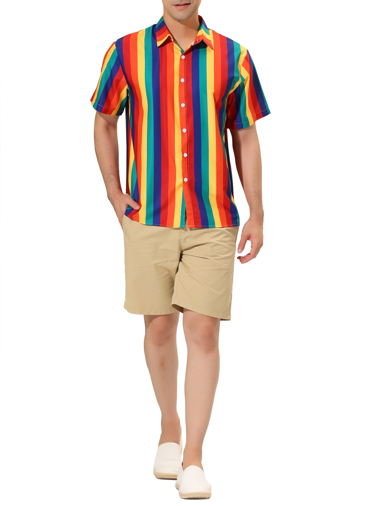 Unique Bargains Men's Summer Striped Shirt Short Sleeve Button Down Beach Shirts S Rainbow Yellow