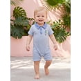 thumbnail image 4 of BemeyourBBs Newborn Baby Boy Fishing Outfit Infant Baby Boy Summer Clothes Waffled Stripe Romper One Piece Stripe Embroidery Buttons Turn Down Collar Short Sleeve Bodysuit Jumpsuit, 4 of 9
