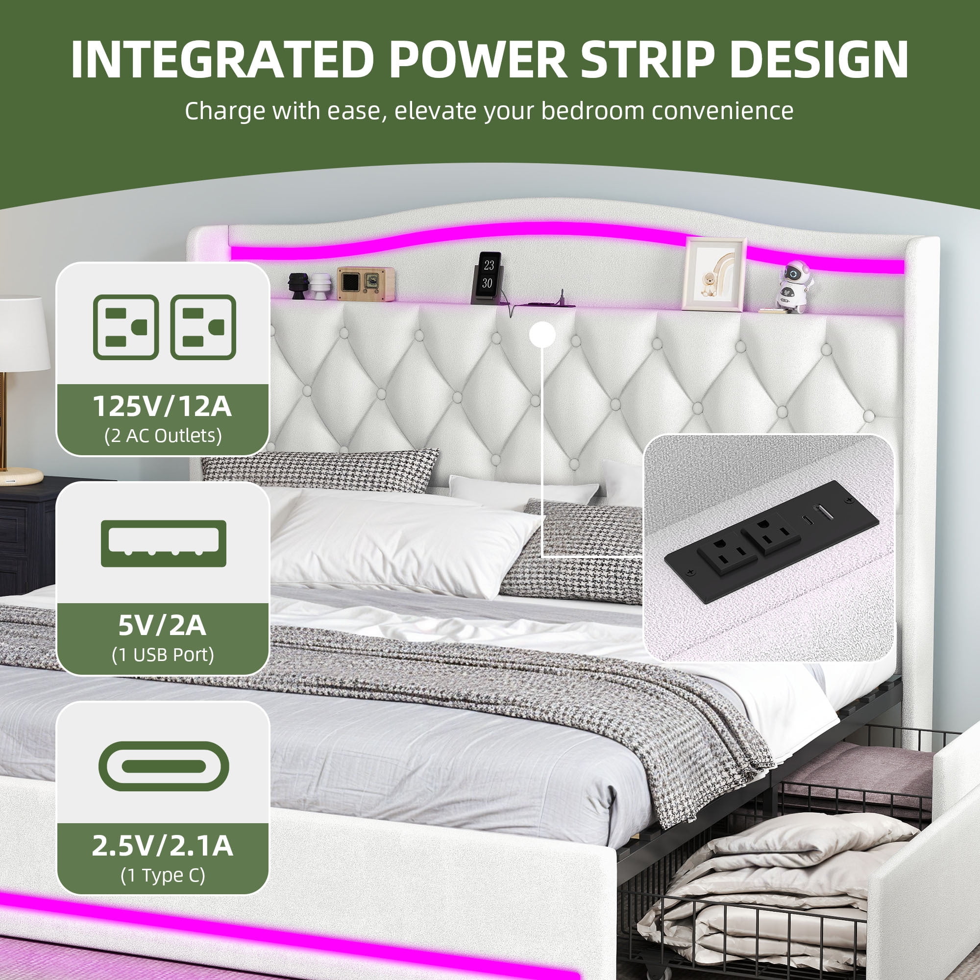 Uforic King Size Bed Frame with Power Outlets & LED Lights, Upholstered Storage Bed Frame with Drawers & Headboard, White