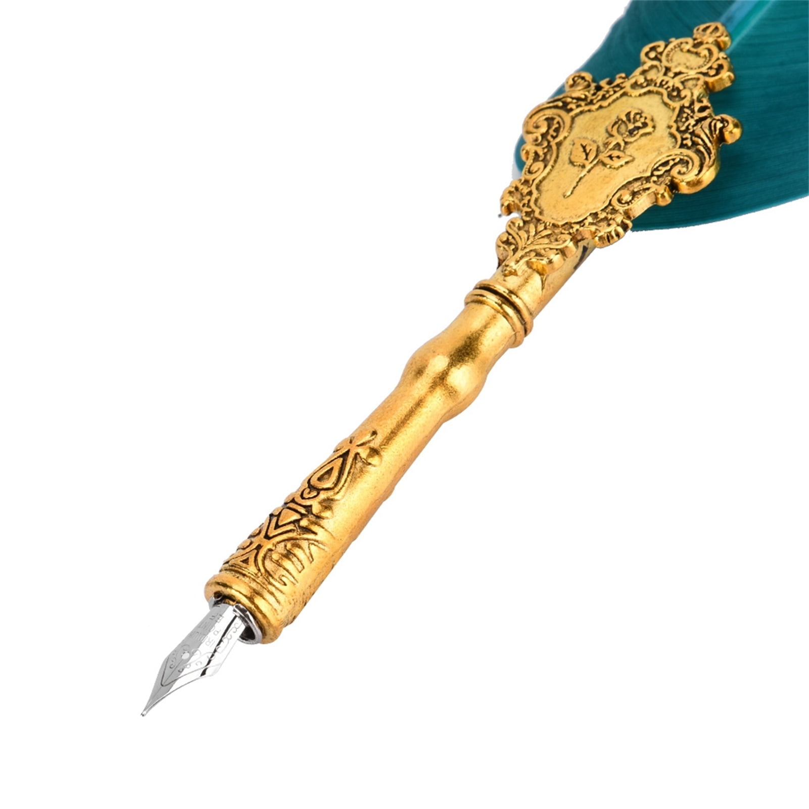 BIMZUC Retro Classical European Style Calligraphy Feather Dip Writing Fountain Pen Set with Empty Ink Bottle and Elegant Gift Box, Green, 9.45 inches / 24 cm Length, 1 Count