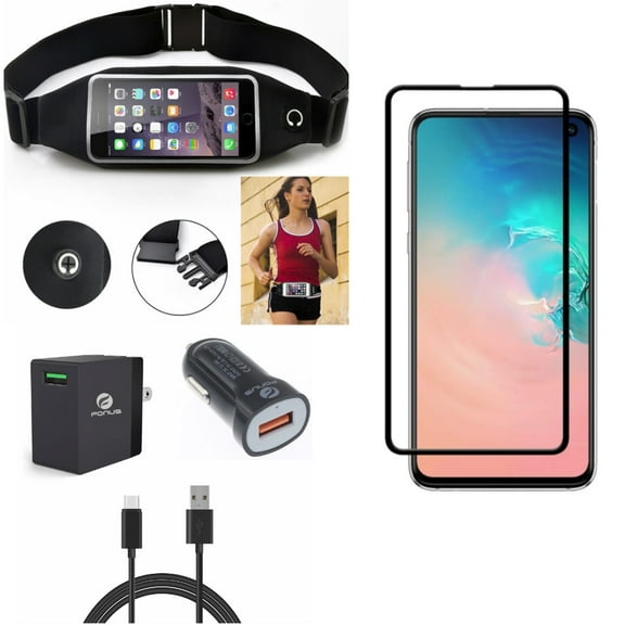 Galaxy S10e Fast Home Car Charger w Running Waist Bag w Screen Protector - USB Cable Type-C 6ft Long, Belt Band Sports Gym Workout, Tempered Glass 5D Curved Edge for Samsung Galaxy S10e Phone