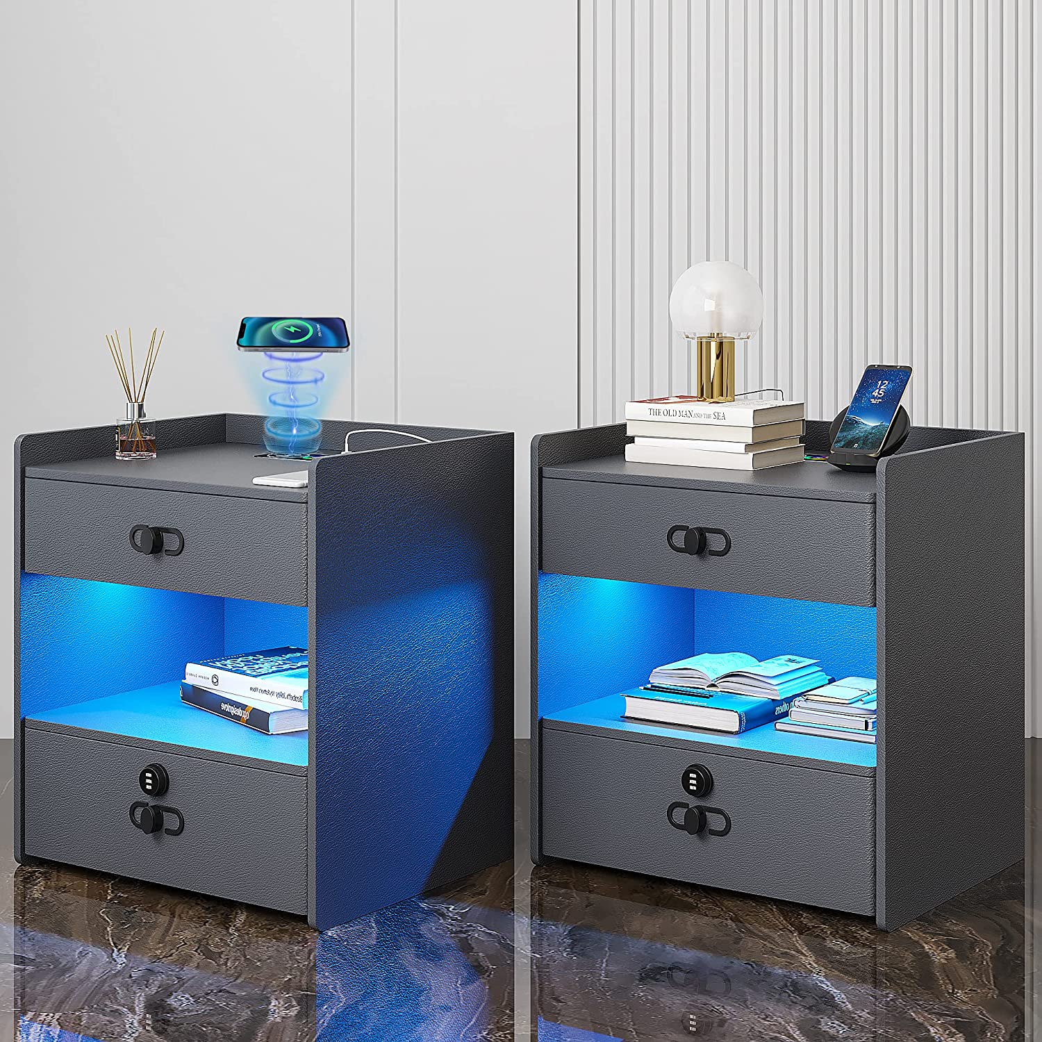 HNEBC LED Nightstands Set of 2 Modern Nightstands with Combination Lock