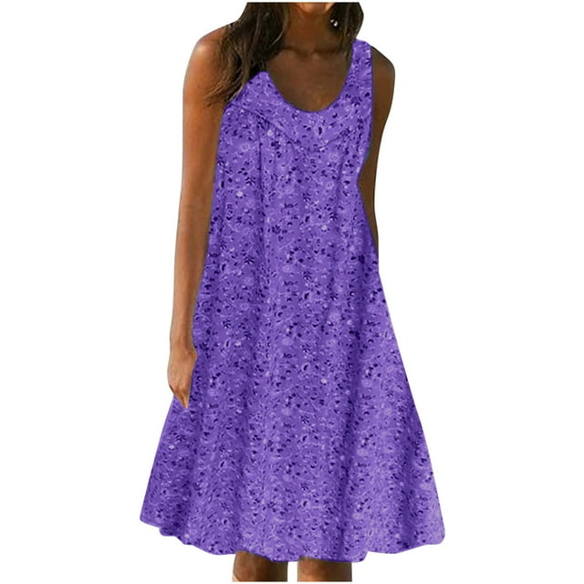 Staron Robes Décontractées pour Femmes Violettes Robes Décontractées Col Rond Smocké à Volants Sans Manches à Étages Midi Ample Flowy Boho Robe d'Été Ligne A Taille Haute L