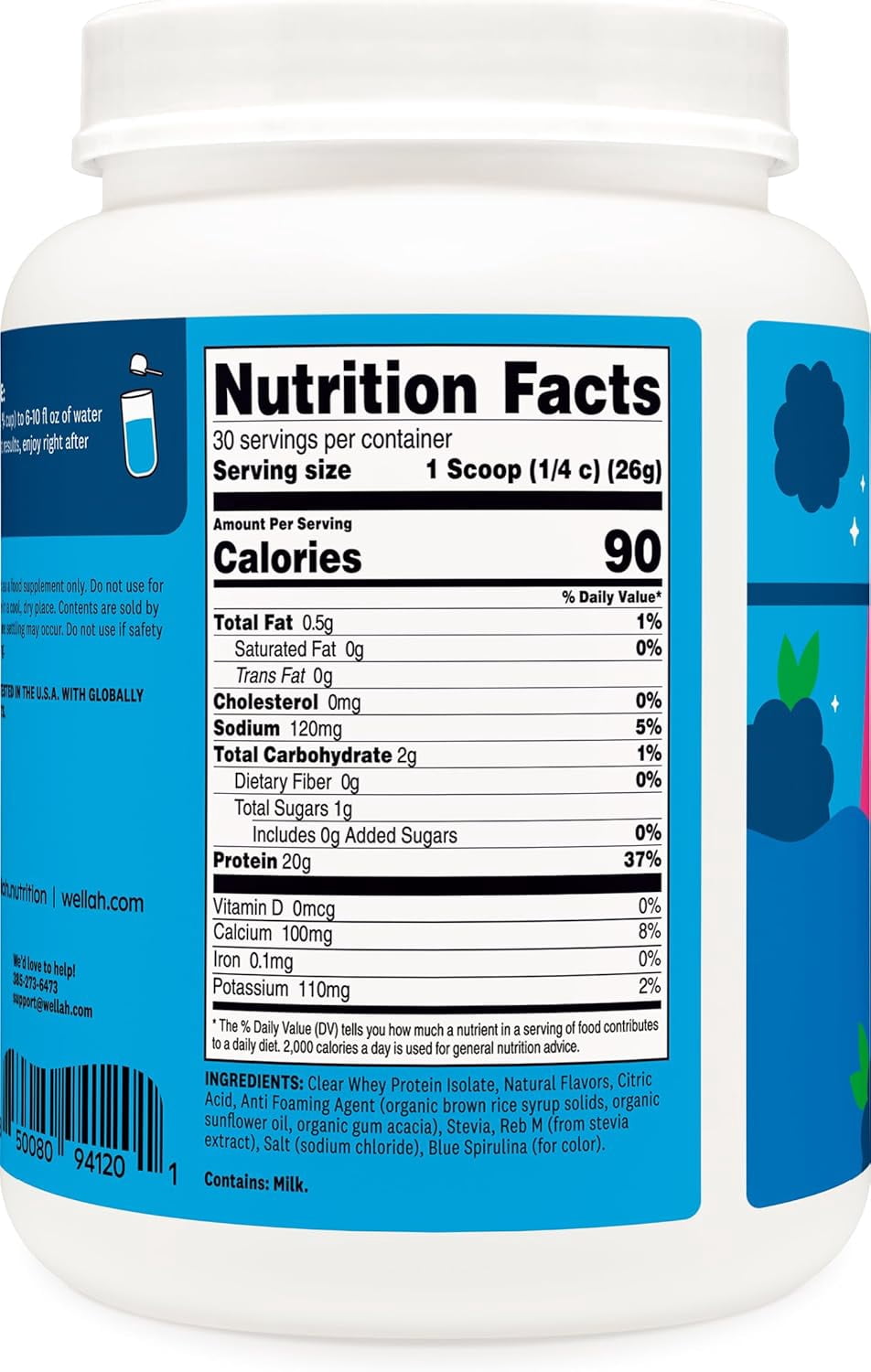 Wellah Clear Whey Protein Isolate Powder (Blue Raspberry) 30 Servings - 20g of Protein, 90 Calories, Sweetened with Stevia