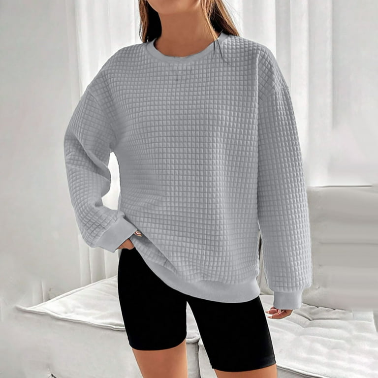 Waffle Knit Sweater Top Womens Fashion Crew Neck Sweatshirt Loose Plain  Pullover Long Sleeve Casual Jumper Blouse (X-Large, Gray)