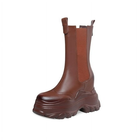 

2022autumn and winter New 12cm hidden height thick bottom mid-calf boots boots Women‘s British Style single boots fleece-lined boots